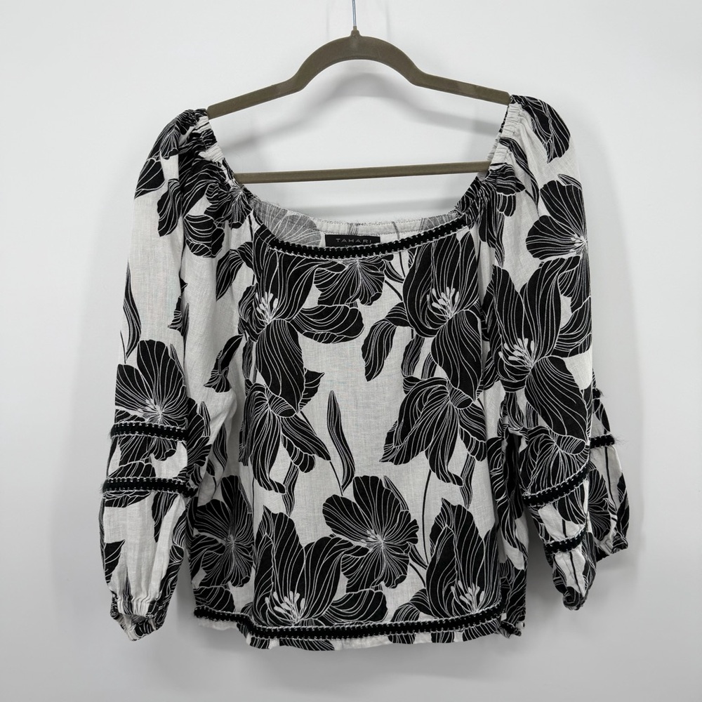Tahari 100% Linen Black and White Floral Top - Picture 2 of 7